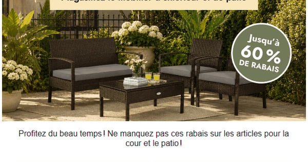 -60 % sur l'extérieur et le patio