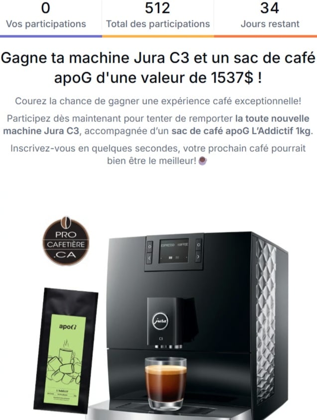 Concours Gagnez votre machine à café Jura C3 et un sac de café apoG!