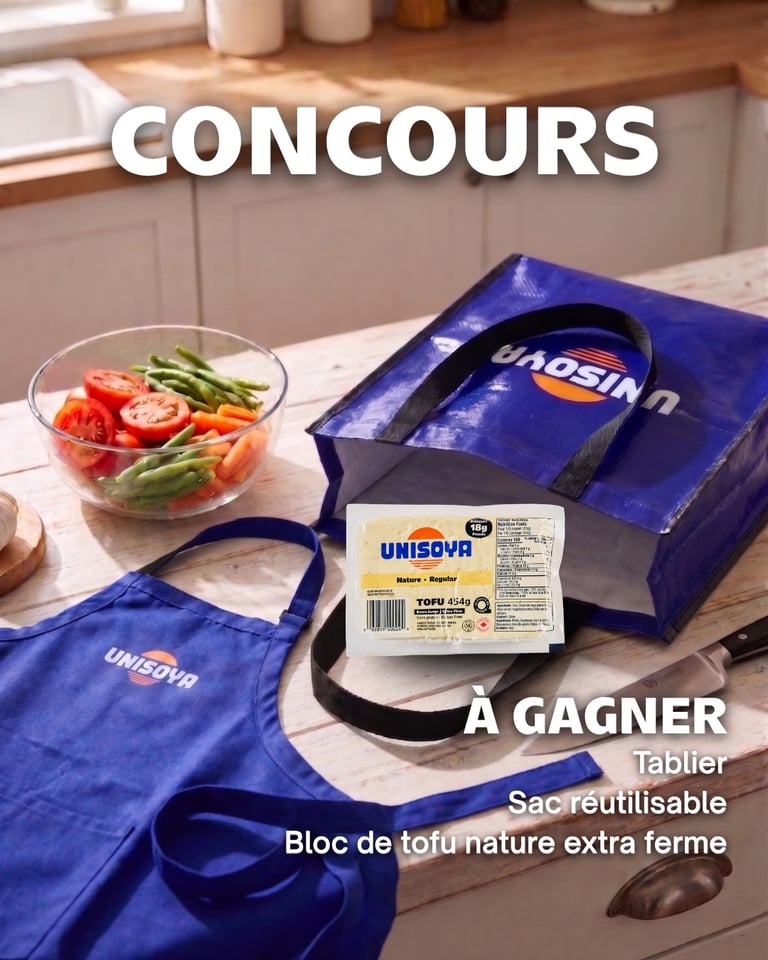 Concours Gagnez un tablier, un sac réutilisable et du tofu nature extra ferme 454g Unisoya!