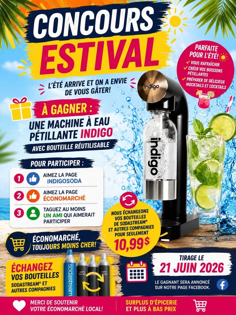 Concours Gagnez une machine à eau pétillante Indigo avec bouteille réutilisable!