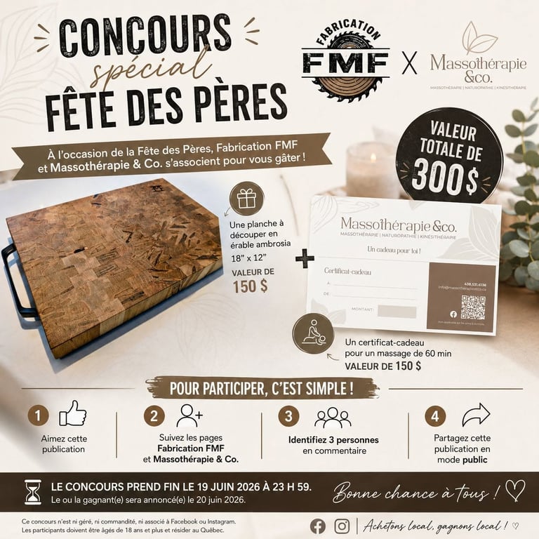 Concours Gagnez une planche à découper en érable ambrosia de 18" x 12" et un certificat-cadeau pour un massage de 60 minutes!