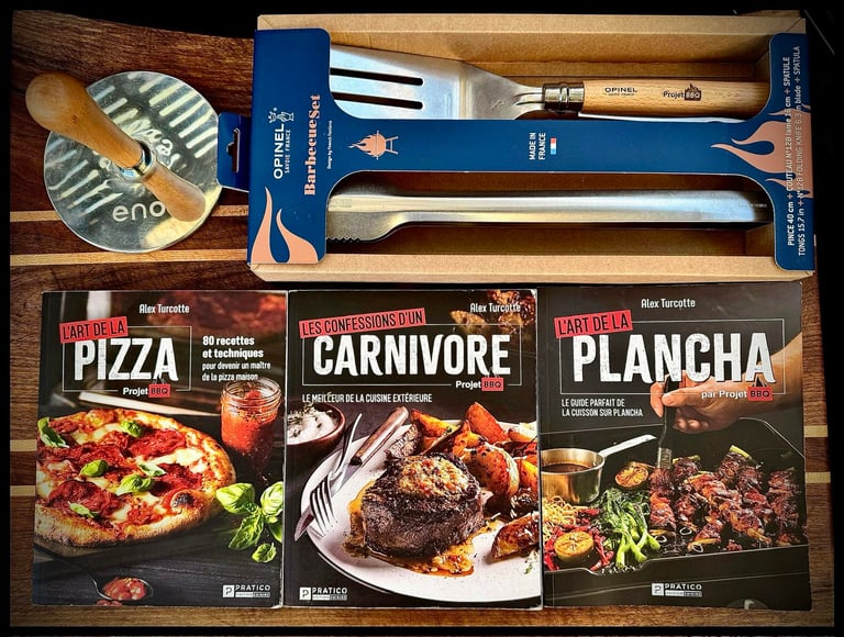 Concours Gagnez un ensemble OPINEL pour le BBQ identifié Projet BBQ et trois livres de Alex Turcotte et un presse burger!