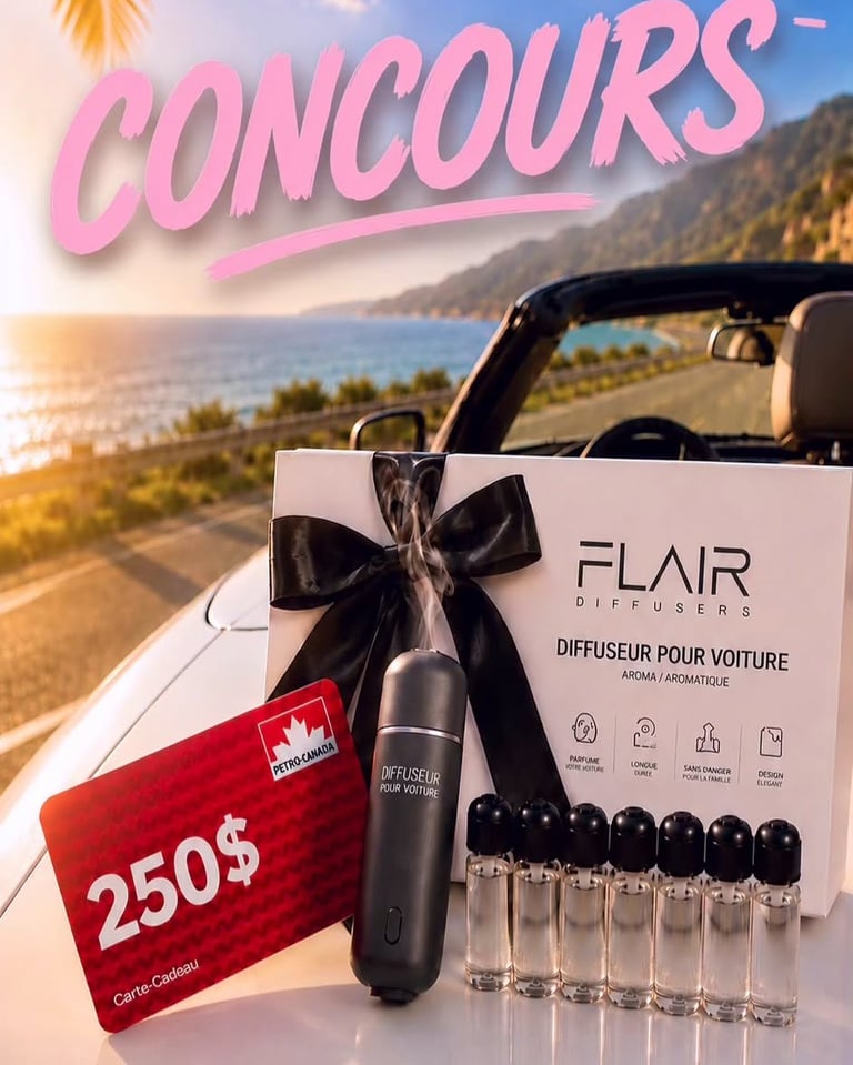 Concours Gagnez une carte-cadeau d'essence de 250$, un diffuseur Flair pour voiture et un coffret découverte de fragrances Flair!