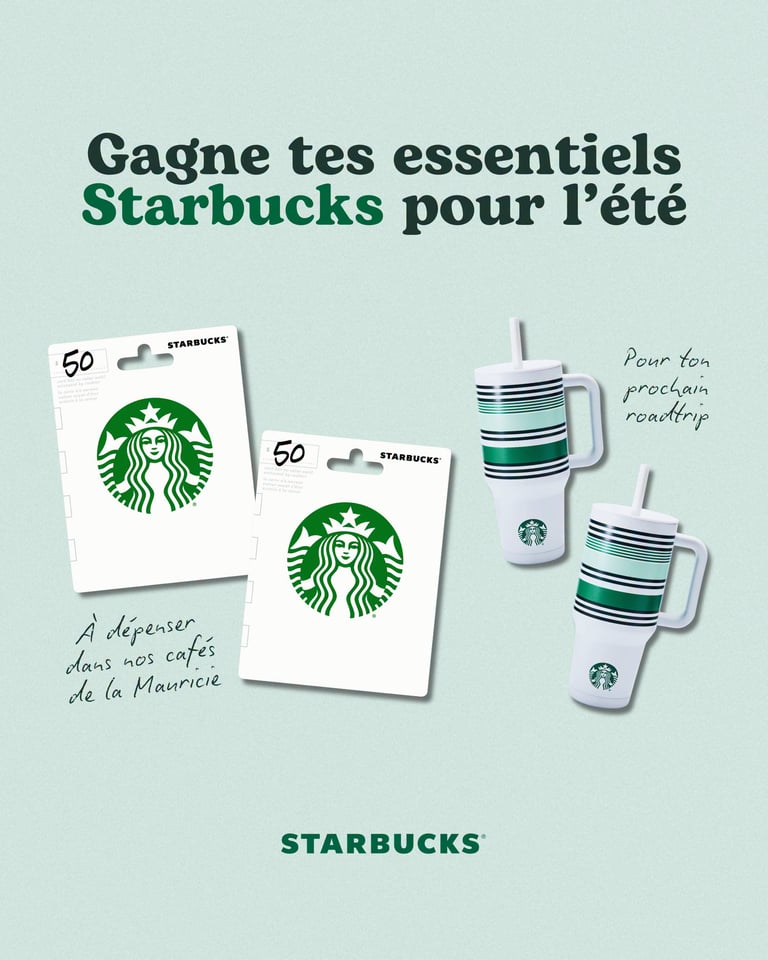 Concours Gagnez deux cartes-cadeaux de 50$ et deux tasses de voyage Starbuck!