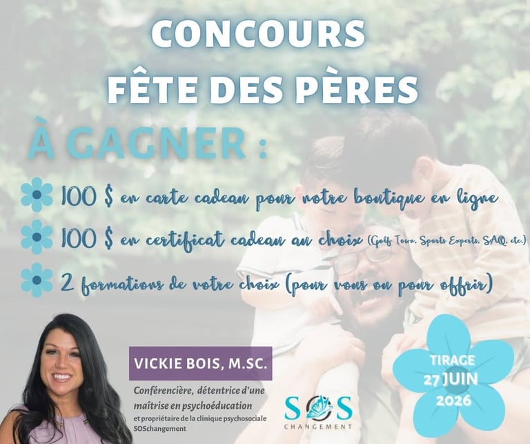 Concours Gagnez 100$ en certificats-cadeaux Clinique psychosociale SOS changement 100$ en certificat-cadeau au choix et deux formations!