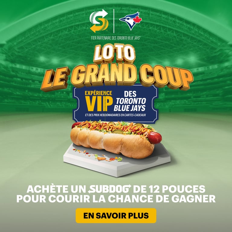 Concours Gagnez deux billets pour assister aux matchs des Toronto Blue JaysMC, un séjour à l'hôtel, deux cartes-cadeaux Subway de 100$ et deux chandails!