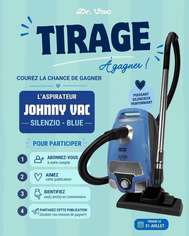 Concours Gagnez un aspirateur Johnny Vac Silenzio Bleu, un ensemble complet d'accessoires sac et filtre HEPA inclus Garantie de 3 ans!