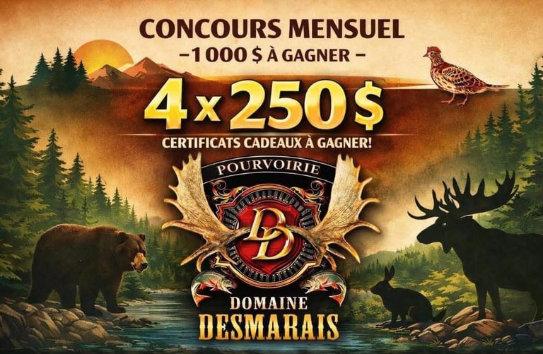Concours Gagnez l'un des quatre certificats-cadeaux de 250$ à la Pourvoirie Domaine Desmarais!