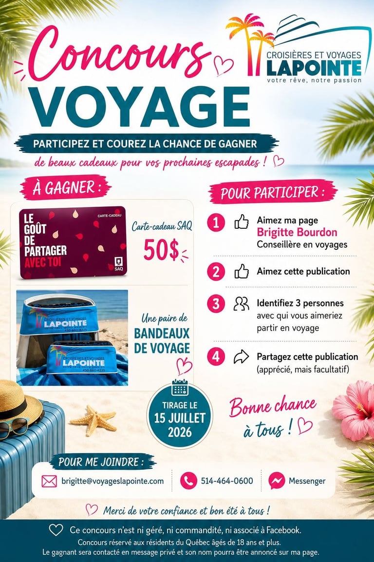 Concours Gagnez une carte-cadeau SAQ de 50$ et une paire de bandeaux de voyage Croisières et Voyages Lapointe!