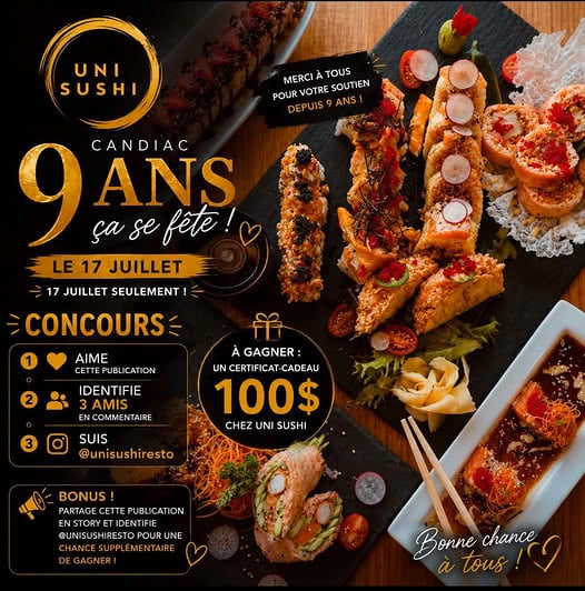 Concours Gagnez un certificat-cadeau de 100$ chez Uni sushi Candiac!