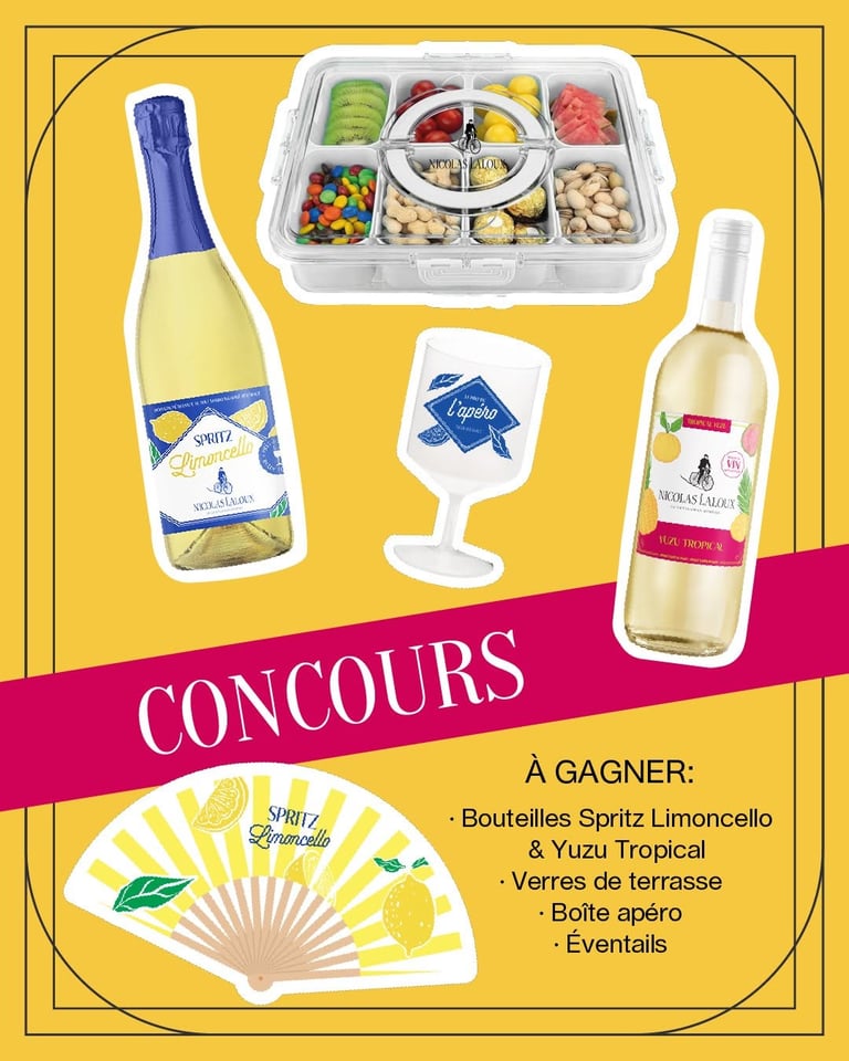 Concours Gagnez un mix de bouteilles Yuzu Tropical et Spritz Limoncello Nicolas Laloux des verres, une boîte apéro et un éventail!