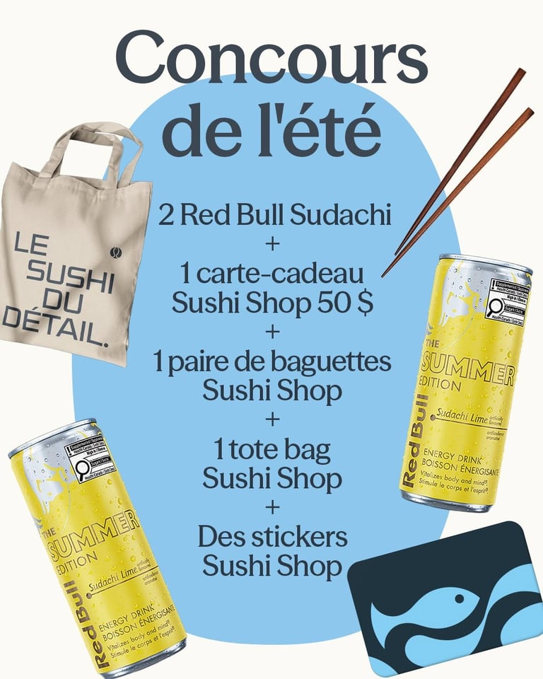 Concours Gagnez 2 canettes de Red Bull une carte-cadeau Sushi Shop de 50$ Baguettes, autocollants et tote bag exclusifs de Sushi Shop!