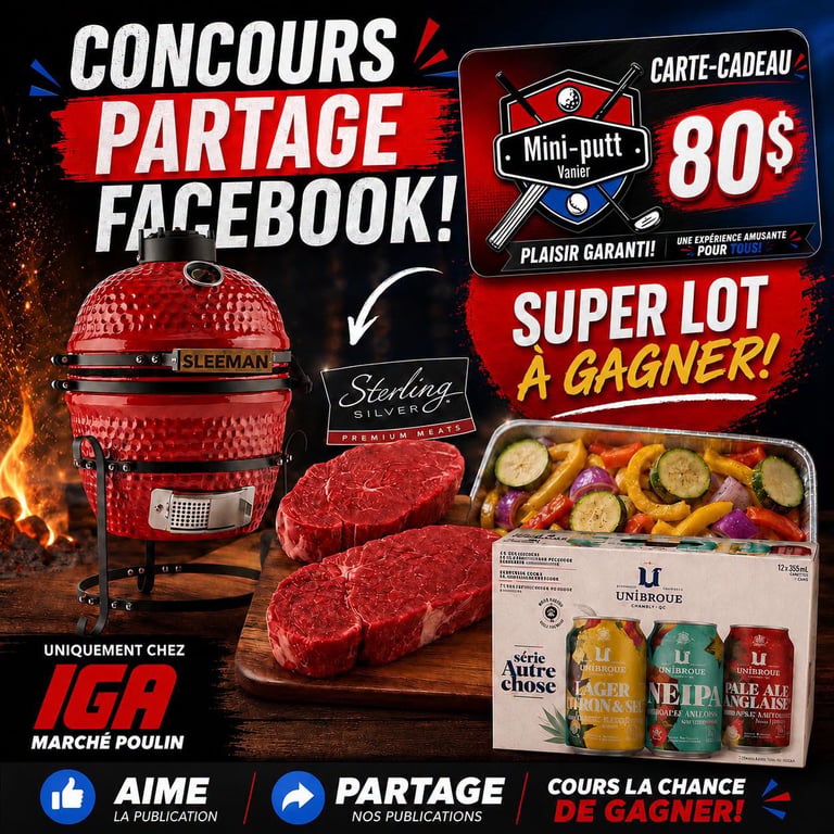 Concours Gagnez un BBQ Kamado Sleeman, deux biftecks Sterling Silver, une carte-cadeau de 80$ au mini-putt Vanier et une caisse mixte unibroue!