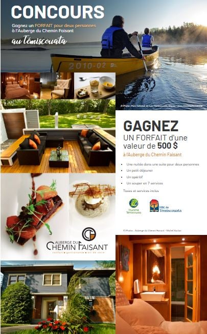 Concours Gagnez un Forfait pour 2 personnes d’une valeur de 500 $ à l’Auberge du Chemin Faisant au Témiscouata!