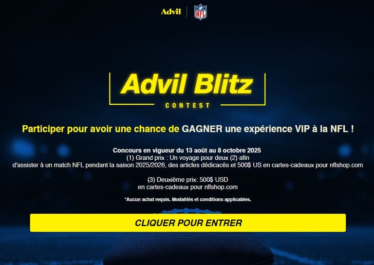 Concours Gagnez avec Advil Canada : un voyage VIP pour assister à un match de la NFL et des cartes-cadeaux NFLShop