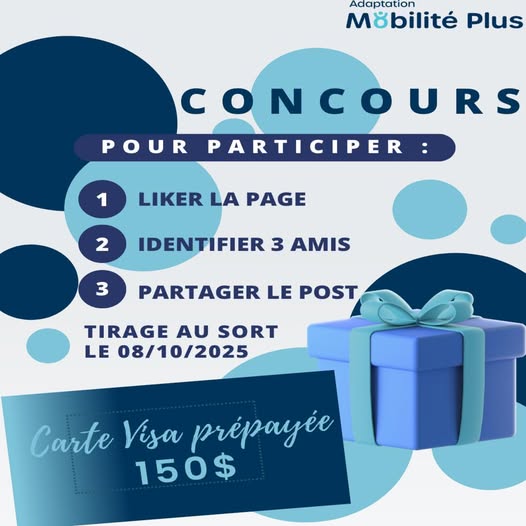 Concours Adaptation Mobilité Plus vous gâte ! Gagnez une carte Visa prépayée de 150 $