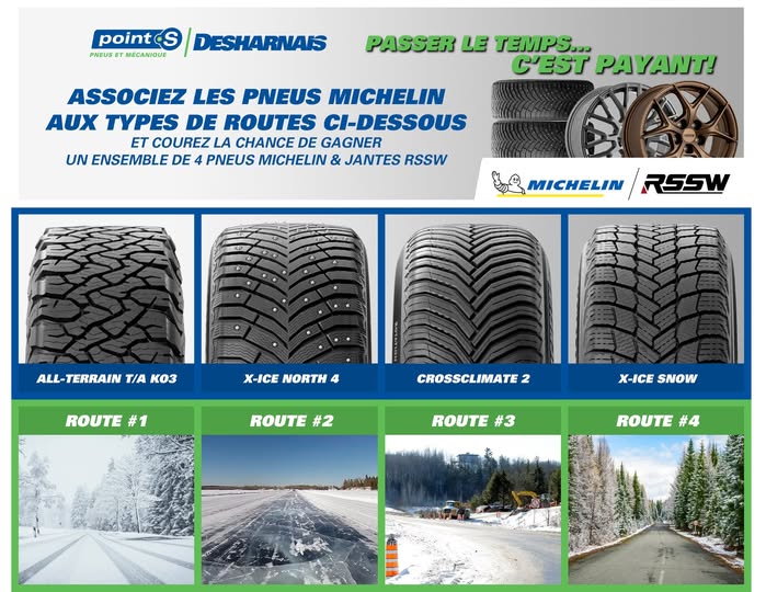 Concours Desharnais pneus & mécanique -  Gagnez 4 pneus de marque Michelin munis de jantes RSSW ainsi que l'installation complète!