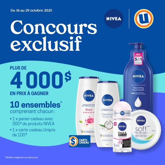 Concours Uniprix et Nivea -  Gagnez l’un des 10 ensembles cadeaux d'une valeur total de 4000$.
