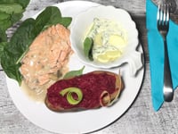 Photo de la Recette: Saumon Crème de Champignons et Purée de Betterave et Carotte