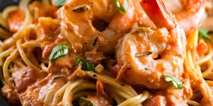 Spaghettis aux Crevettes, Sauce Rosée au Romarin