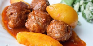 Photo de la Recette: BOULETTES DE VEAU HACHÉ AUX PÊCHES