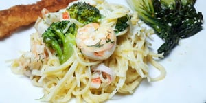 Photo de la Recette: CAPELLINIS AUX CREVETTES, GOBERGE ET BROCOLI