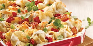 Photo de la Recette: Gratin de Tortellinis au Bacon et Oignons Verts, Sauce au Fromage