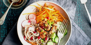 Nouilles Soba au Poulet Grillé à L'asiatique et Salade Croquante
