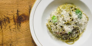 Photo de la Recette: SPAGHETTI À L’AIL RÔTI AVEC SA CRÈME DE BASILIC ET PANCETTA