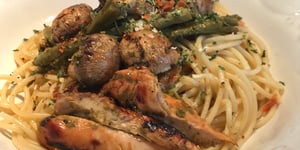 Spaghettis Champignons, Asperges et Poulet