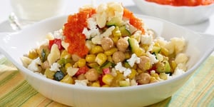 Photo de la Recette: Succotash au Maïs et à la Courge avec Fromage et Chutney de Poivrons