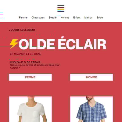 Image de la Promotion SOLDE ÉCLAIR : Économisez JUSQU'À 40 % sur des Articles de Base pour elle et lui