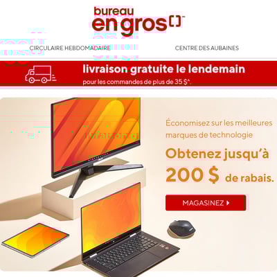 Image de la Promotion Jusqu’à 200 $ de rabais sur les plus GRANDES marques de technologie chez Bureau en Gros