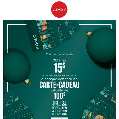 Image de la Promotion Clément : Obtenez 15$