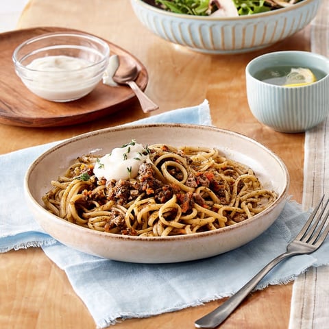 Linguines, Sauce Bolognaise Végétalienne aux Champignons