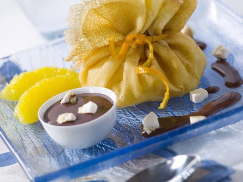 Aumônières à L'orange Sauce Chocolat Nougat