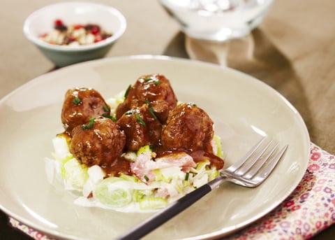 Boulettes de Boeuf au Comté et Fondue de Poireaux au Bacon
