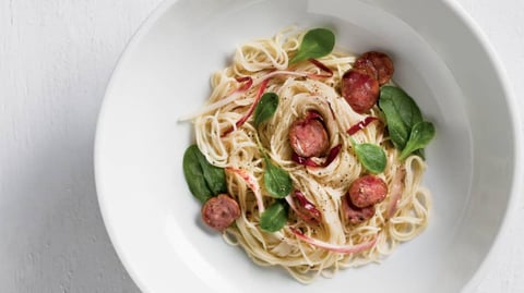 Capellinis au Saucisson, Miel, Endives et Verdure