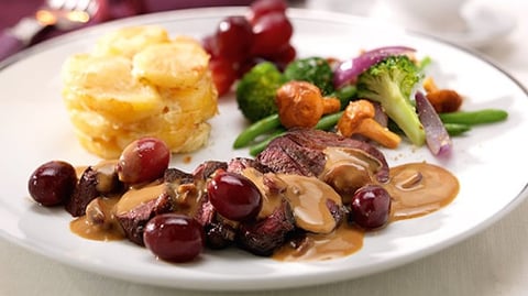 FILET DE POITRINE DE CANARD SAUVAGE AUX RAISINS CHAUDS ET SAUCE CHASSEUR