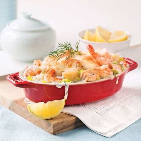 Gratin de Saumon et Fruits de Mer au Poireau