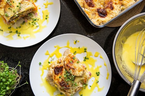 Gratin Étagé de Patates Douces Poireau et Jambon Forêt Noire