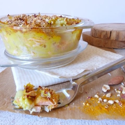 Gratin Sans Gluten Chou Fleur, Saumon, Pointe de Curry et Amandes