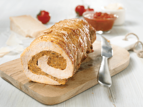 LONGE DE PORC FARCIE À LA SAUCISSE ITALIENNE, SAUCE MARINARA