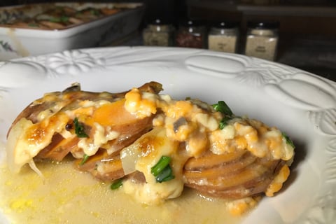 Patates Douces Pommes de Terre Crème Champignons Gratinées