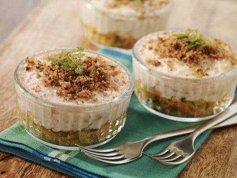 Petits Gratins Croustillants de Jambon et Purée et Petits Légumes
