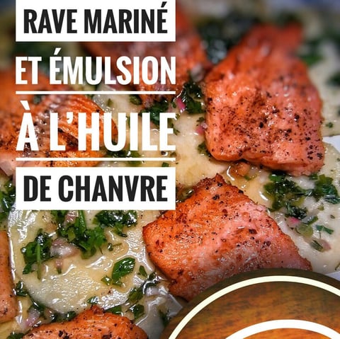 Saisie de Truite, Carpaccio de Chou Rave Mariné & Émulsion à L’huile de Chanvre