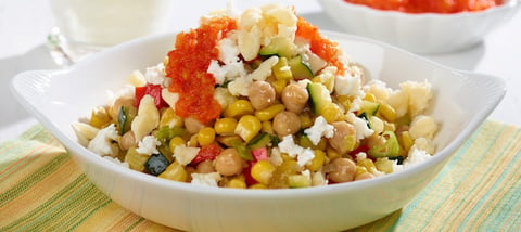 Succotash au Maïs et à la Courge avec Fromage et Chutney de Poivrons