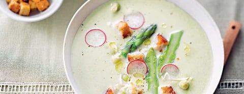 Velouté Froid D’asperges Vertes, Croûtons et Radis Croquants