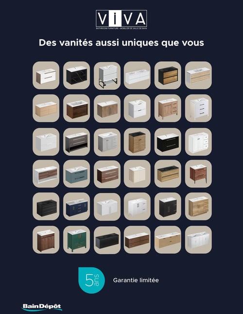 Circulaire Bain Dépôt - Page 8. La page met en avant la marque VIVA, spécialisée dans le mobilier de salle de bain. Le titre principal est "Des vanités aussi uniques que vous". La majeure partie de la page est une grille dense de 36 modèles de vanités de salle de bain, présentant une grande diversité de styles, de couleurs et de configurations, incluant des vanités avec tiroirs, des portes, des lavabos simples ou doubles. En bas de page, une icône indique une "5 ans Garantie limitée".