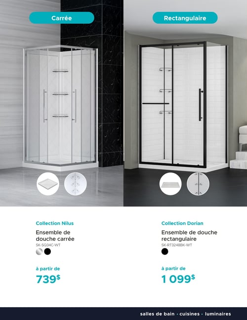 Circulaire Bain Dépôt - Page 15. La page met en vedette deux ensembles de douche complets. À gauche, l'ensemble de douche carrée de la Collection Nilus, avec des profilés argentés, une base carrée et une étagère de coin à trois niveaux, est offert à partir de 739 $. Il est disponible en finitions argent et noir. À droite, l'ensemble de douche rectangulaire de la Collection Dorian, avec des profilés noirs, une base rectangulaire et une étagère de coin à trois niveaux, est proposé à partir de 1 099 $. Le bas de page indique les catégories : salles de bain, cuisines et luminaires.